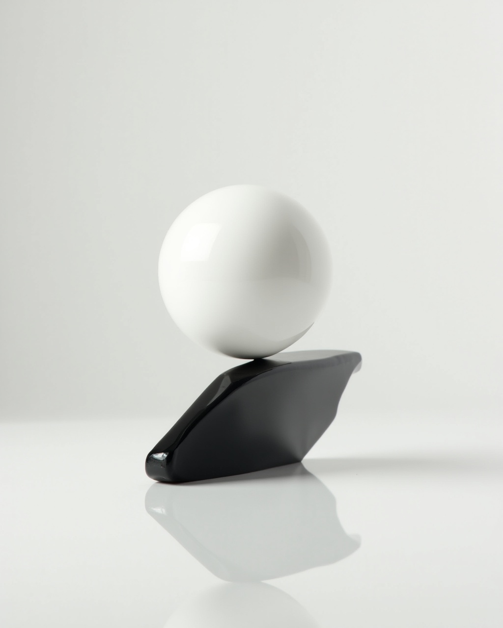 Porcelain sphere on glass shard — minimal luxury composition